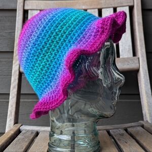 Handmade Gradient Pink Purple Blue Green Crochet Sun Bucket Hat One Size